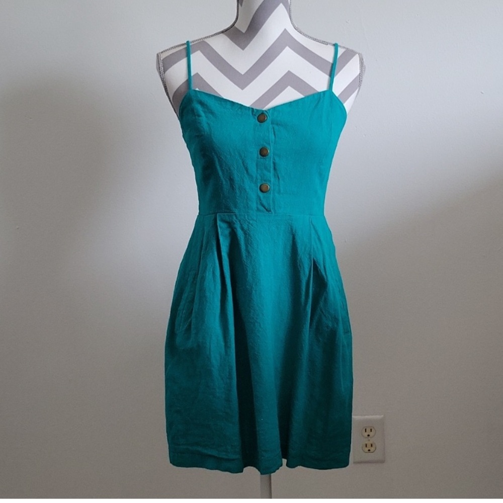 Teal Linen Blend Summer Mini Dress
